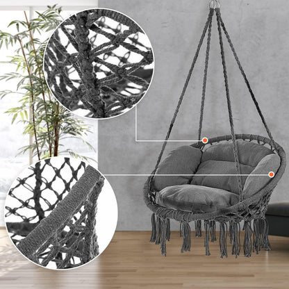 DETEX® Hängesessel bis 150kg Belastbar Boho Stil Wetterfest GS-zertifiziert Garten 360° Drehbar Hängestuhl Indoor & Outdoor inkl. bequemer Kissen