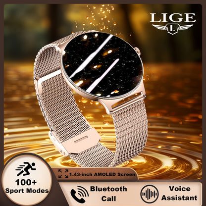 LIGE Smartwatches für Damen mit 1,43-Zoll-AMOLED-Touchscreen, Anruf- und Empfangsfunktion, Fitness-Smartwatch mit über 100 Sportmodi, Schrittzähler, Textnachrichtenbenachrichtigungen, Musik- und Kamerasteuerung