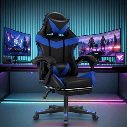 Ergonomischer Gaming-Stuhl mit Lendenwirbelstütze, Kopfstütz & Fußauflage – Verstellbarer Bürostuhl für Erwachsene Kinder, Mehrere Farben, Komfortabler Memory-Schaum-Sitz, Stabiles Nylon-Gestell, Ideal für lange Spiele & Arbeitsessions