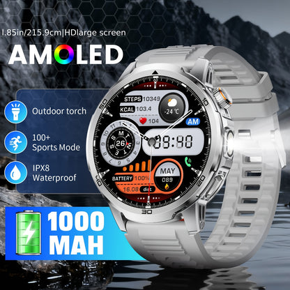 LIGE Herren-Smartwatch mit Anruffunktion, 1000mAh Akku/Taschenlampe/Zwei Ladekabel, 1,85-Zoll HD-Großdisplay, Fitnessuhr, 100+ Sportmodi, IPX8, Schlafmonitor für Android & iOS
