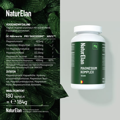 Magnesium Komplex Hochdosiert 400 mg, Pack, 360 vegane Kapseln, 5-in-1 Magnesium mit Glycinat, Citrat, Malat, Taurat und Oxid, 400 mg elementares Magnesium pro Tagesportion