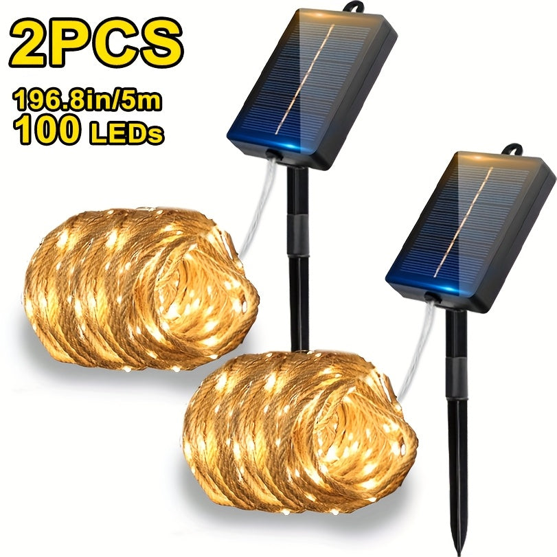1 Stk./2 Stk. 200/100 LED Vintage Seil Hanf Lichterkette, Solarbetriebene Feenlampe mit 8 Blinkmodi, IP65 Semi-Flush Mount Rasenlampe für Außenbereich Garten Terrasse Camping Weihnachtsbaum Café Hochzeit Party Neujahr Festliche Ambiente Deko LED Beleuchtu
