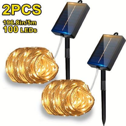 1 Stk./2 Stk. 200/100 LED Vintage Seil Hanf Lichterkette, Solarbetriebene Feenlampe mit 8 Blinkmodi, IP65 Semi-Flush Mount Rasenlampe für Außenbereich Garten Terrasse Camping Weihnachtsbaum Café Hochzeit Party Neujahr Festliche Ambiente Deko LED Beleuchtu