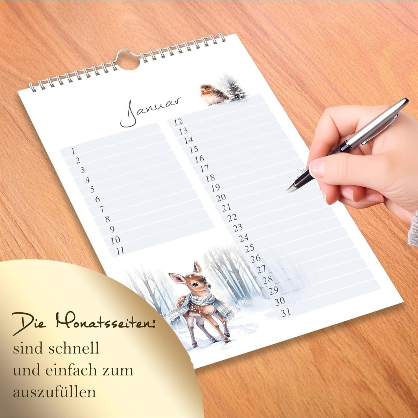 Geburtstagskalender undatiert Geburtstagsplaner Wandkalender A5 immerwährend Jahresunabhängig Kalender Geburtstagsübersicht zum Aufhängen Tier Design in zartem Aquarell Waldtieren Tiere
