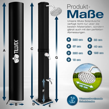 tillvex® Solardusche 20 - 60 Liter inkl. Abdeckung Solar Gartendusche Solar für draußen Pooldusche Komplettset warmes Wasser Camping ohne Stromanschluss mit Wasserhahn Gartenschlauch-Anschluss