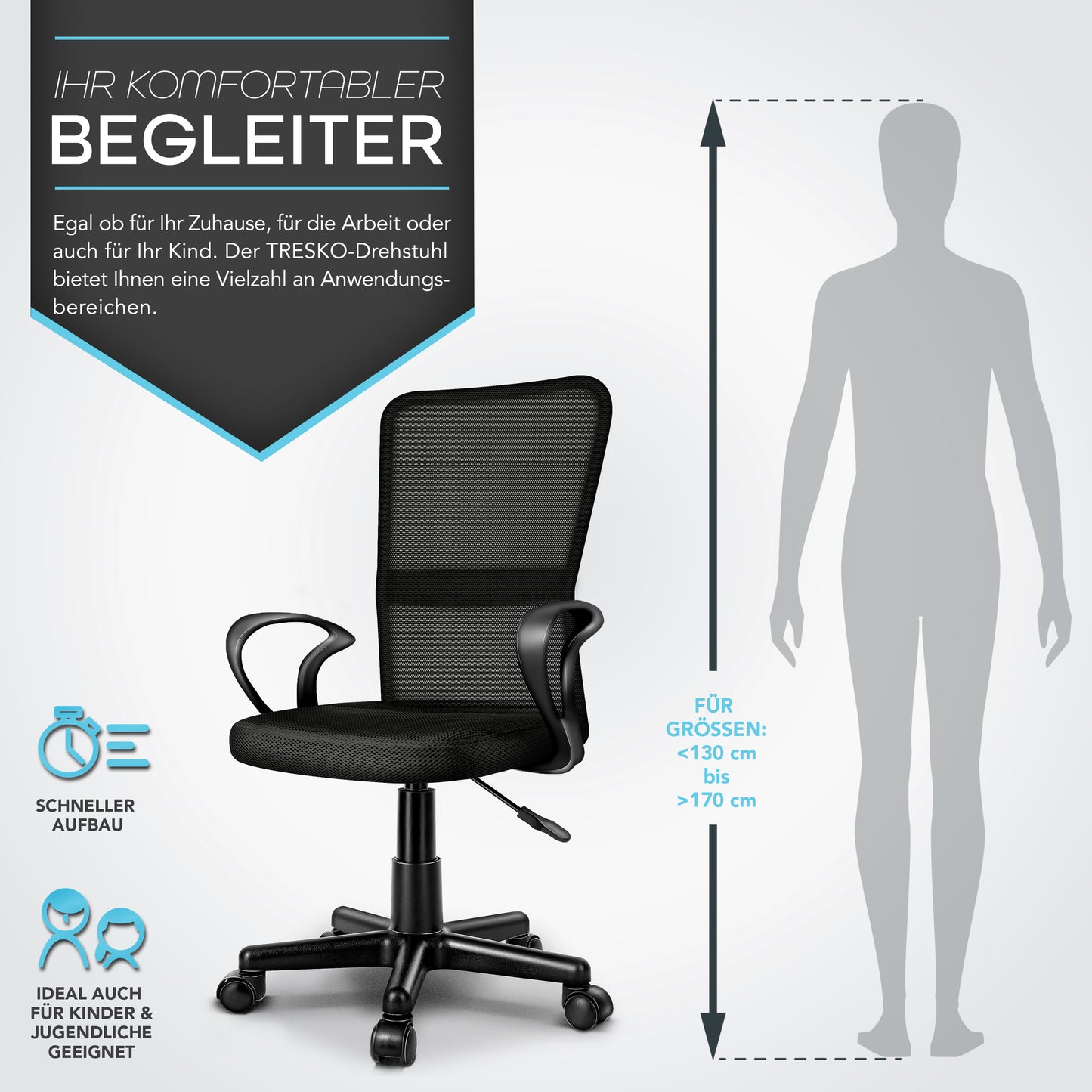 TRESKO® Bürostuhl mit Armlehnen stufenlos höhenverstellbar | Drehstuhl aus atmungsaktivem Mesh | Schreibtischstuhl mit Kunststoff-Leichtlaufrollen, gepolsterte Sitzfläche, ergonomische Passform | Computerstuhl ideal für Home-Office, Jugendzimmer, Büro