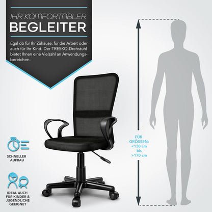 TRESKO® Bürostuhl mit Armlehnen stufenlos höhenverstellbar | Drehstuhl aus atmungsaktivem Mesh | Schreibtischstuhl mit Kunststoff-Leichtlaufrollen, gepolsterte Sitzfläche, ergonomische Passform | Computerstuhl ideal für Home-Office, Jugendzimmer, Büro
