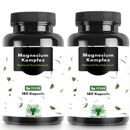 Magnesium Komplex Kapseln – 180 vegane Kapseln – 400 mg elementares Magnesium pro täglicher Dosis – Magnesium Citrat, Oxid, Bisglycinat & Malat