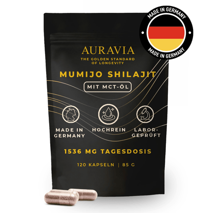 Shilajit Kapseln 98g Original mit MCT Öl - Shilajit 120 Stück Ultra Hochdosiert im Beutel - vegan AURAVIA® - Shilajit deutsch abgefüllt & laborgeprüft in Deutschland - made in Germany