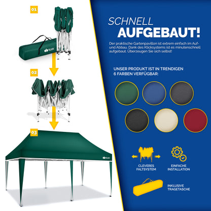 tillvex® Pavillon 3x6m Faltbar + 6x Sandsäcke | Pop-Up Faltpavillon Höhenverstellbar, Winterfest | Gartenzelt Stabil mit und ohne Seitenwänden UV Schutz 50+ | Partyzelt Wasserdicht mit Tasche für Garten