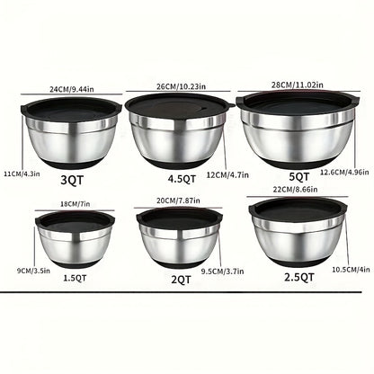 Edelstahl-Mischschüssel-Set mit Verschlussdeckel und Reibe-Aufsatz, Rutschfestes Boden - 26 Stück in den Größen 5QT, 4.5QT, 3QT, 2.5QT, 2QT, 1.5QT - Perfekt zum Mischen und Servieren