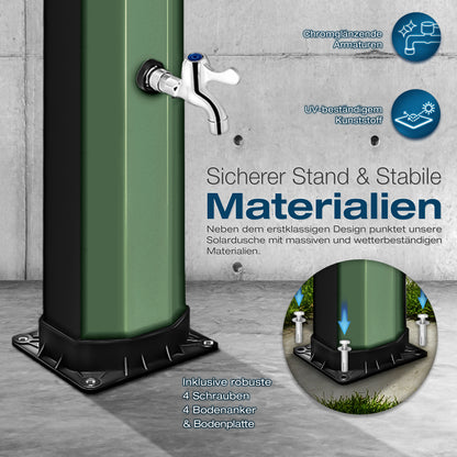 tillvex® Solardusche 20 - 60 Liter inkl. Abdeckung Solar Gartendusche Solar für draußen Pooldusche Komplettset warmes Wasser Camping ohne Stromanschluss mit Wasserhahn Gartenschlauch-Anschluss