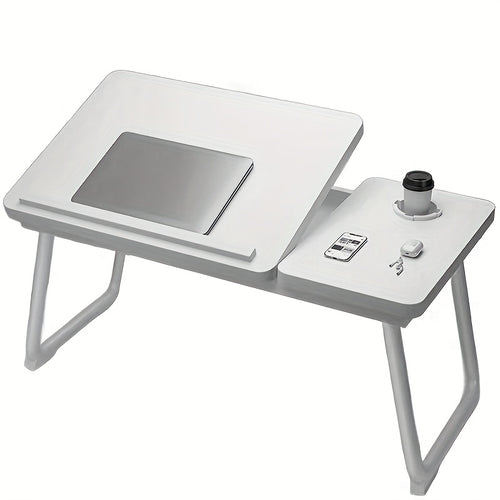 Verstellbarer 5-Stufen-Laptop-Tisch mit Getränkehalter & Anti-Rutsch-Pad – Recycelholz-Schreibtisch für Schlafzimmer, Büro, Nachttisch – Schreibtisch für Faulenzer (Schwarz/Weiß)