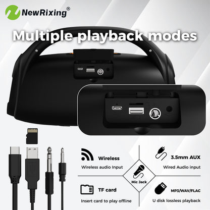Newrixing 50W Wireless Lautsprecher mit Subwoofer, Outdoor Lautsprecher, USB-C Aufladung, Kabellos, Eingebautes Mikrofon, TWS Dual Pairing, Mikrofon-Schnittstelle, RGB Lichter, 7.4V 2000mAh Akku, Tragbares PA System für Heimkino, Camping, Partys, Geschenk