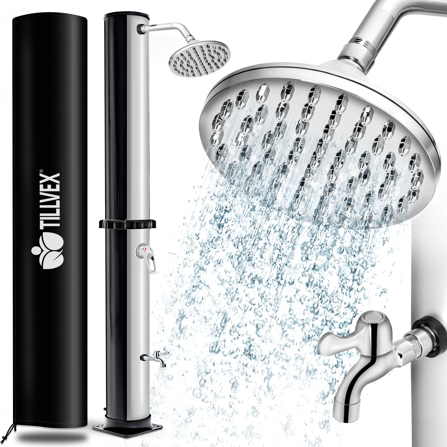 tillvex® Solardusche 20 - 60 Liter inkl. Abdeckung Solar Gartendusche Solar für draußen Pooldusche Komplettset warmes Wasser Camping ohne Stromanschluss mit Wasserhahn Gartenschlauch-Anschluss