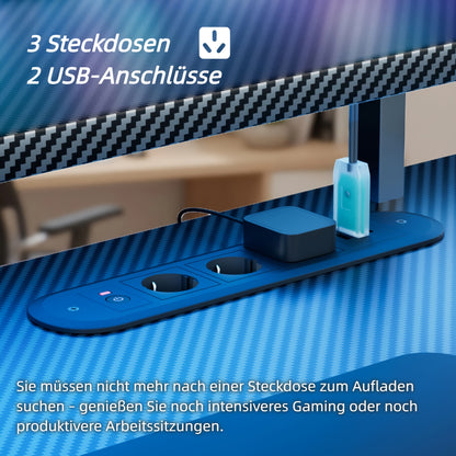 RGB LED Gaming-Schreibtisch mit Steckdosen  Monitorständer, Ergonomischer Computer-Gaming-Arbeitsplatz, Große Carbonfaser-Arbeitsplatte fürs Homeoffice mit Getränkehalter  Kopfhörerhalterung, Schwarz