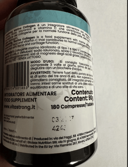 Marines Kollagen mit Hyaluronsäure und Vitamin C, hydrolysiertes Kollagen Typ 1 & 2, Nahrungsergänzungsmittel, 180 Tabletten, Vitastrong