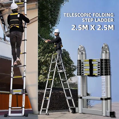 Schwere Edelstahl-Teleskop-Klappleiter - Tragbare A-Gestell-Trittleiter mit rutschfesten Spitzen, zusammenklappbar im Akkordeon-Stil für Lagerung, geeignet für Bau, Landwirtschaft - Faltleiter (2,5m+2,5m)