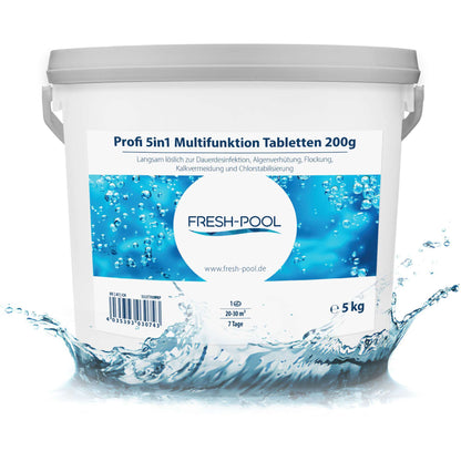 Fresh-Pool Profi 5in1 Multifunktion Tabletten 200g 5 kg - Chlortabletten für Pool mit Algizid und Flockung | Multifunktionstabletten | Multitabs 5 in 1 200g