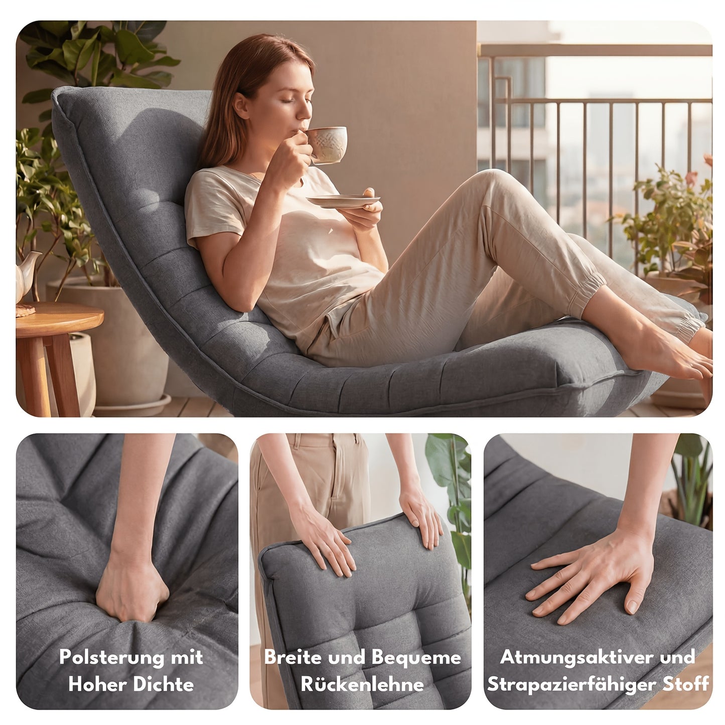 Sofa Stuhl, Bodenstuhl, Verstellbare Rückenlehne 360° Drehbar Faltbar 150Kg Tragfähigkeit Stilvolles Design und Komfort machen ihn zum Highlight Ihrer Heimdekoration, bietet Ihnen einen bequemen Ort zum Entspannen. Schwarz, Grau