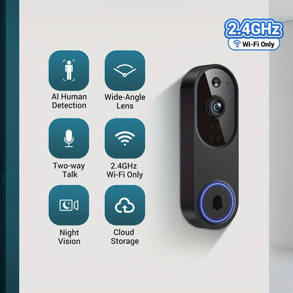 Kabellose Video Türklingel Kamera, 2.4G Wifi, Intelligente Sicherheits Türklingel Kamera, KI Menschliche Erkennung, Nachtsicht, Sofortwarnung, Zwei-Wege-Audio, Einfache Installation und Wiederaufladbarer Akku, Cloud-Speicher, WLAN Kamera