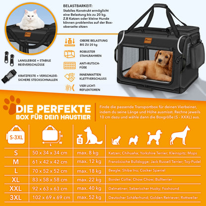 TRESKO® Hundebox faltbar inkl. Leckmatte, Spatel & Reflektoren | Transportbox für Hunde und Katzen | Hundetransportbox Auto für kleine, mittelgroße & große Hunde | Hundetasche für Zuhause Auto robust Anthrazit