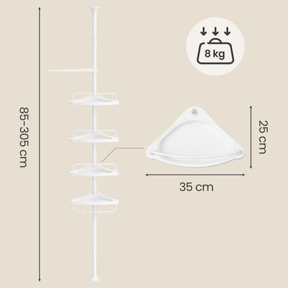 Badregal,Duschregal mit 4 Ablagen, Badregal mit Handtuchhalter,Eckregal Bad,ohne Bohren Badregal,Gesamthöhe 85-305 cm, höhenverstellbar, weiß