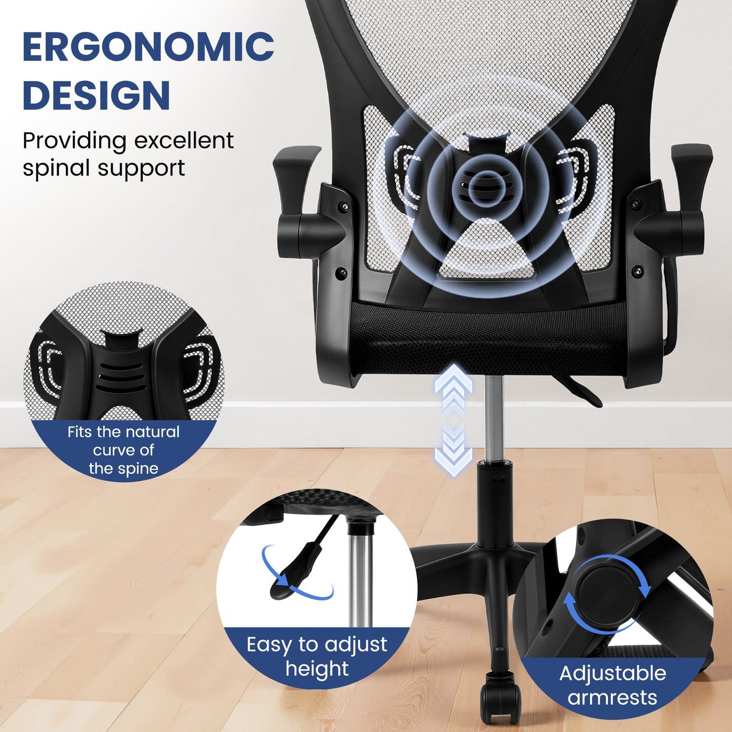 Ergonomischer Bürostuhl mit Kopfstütze und Lendenwirbelstütze, höhenverstellbarer Drehstuhl, atmungsaktiver Mesh-Rückenbürostuhl mit Armlehnen und Rollen für Homeoffice, Studium, Gaming