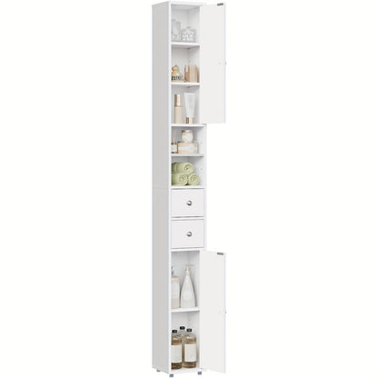 1 Stück Badezimmer-Schrank, schmales, hohes Badezimmer-Schrank mit Schubladen, Badezimmer-Möbel-Fächer, verstellbare Regale, Türen, weiß, MDF, 20 x 180 x 20 cm