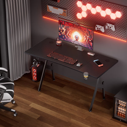 A-förmiger Gaming-Schreibtisch aus Carbonfaser für Home Office  Gaming, ergonomische Kurve, robustes Stahlgestell, Kabeldurchführungen, Getränkehalter, Kopfhörerhalter, Schwarz, 1 Stück