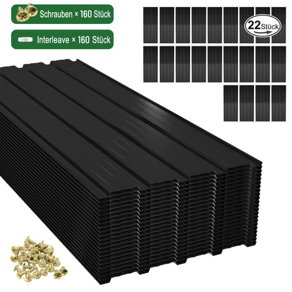 Verzinkte hochbelastbare Stahlwellbleche – 22 schwarze Trapezdachplatten (108x42,6cm, 0,25mm, 10,12m²), komplett mit Schrauben und Nägeln. Einfache Installation, vorübergehend abnehmbar für Außenkonstruktionen/Schuppen/Zäune/Wandverkleidungen.