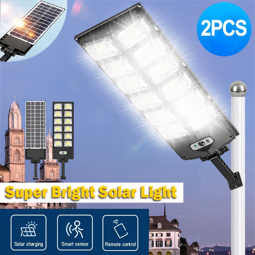 2 Stück Outdoor Solarstraßenlaterne mit Fernbedienung, Ultrahelle 504LED Solar-Bewegungsmelderlampe mit 3 Beleuchtungsmodi, 320° Weitwinkelbeleuchtung Solar-Sicherheitsflutlicht, IP65 für Garten, Hof, Garage, Straße, Terrasse  Eingang