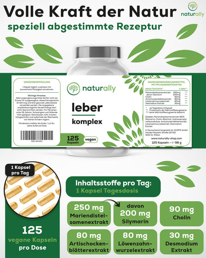 Leber Komplex Kapseln [125 Stück] von naturally - Mariendistel Kapseln mit Artischocken, Löwenzahn, Cholin, Desmodium, vegan