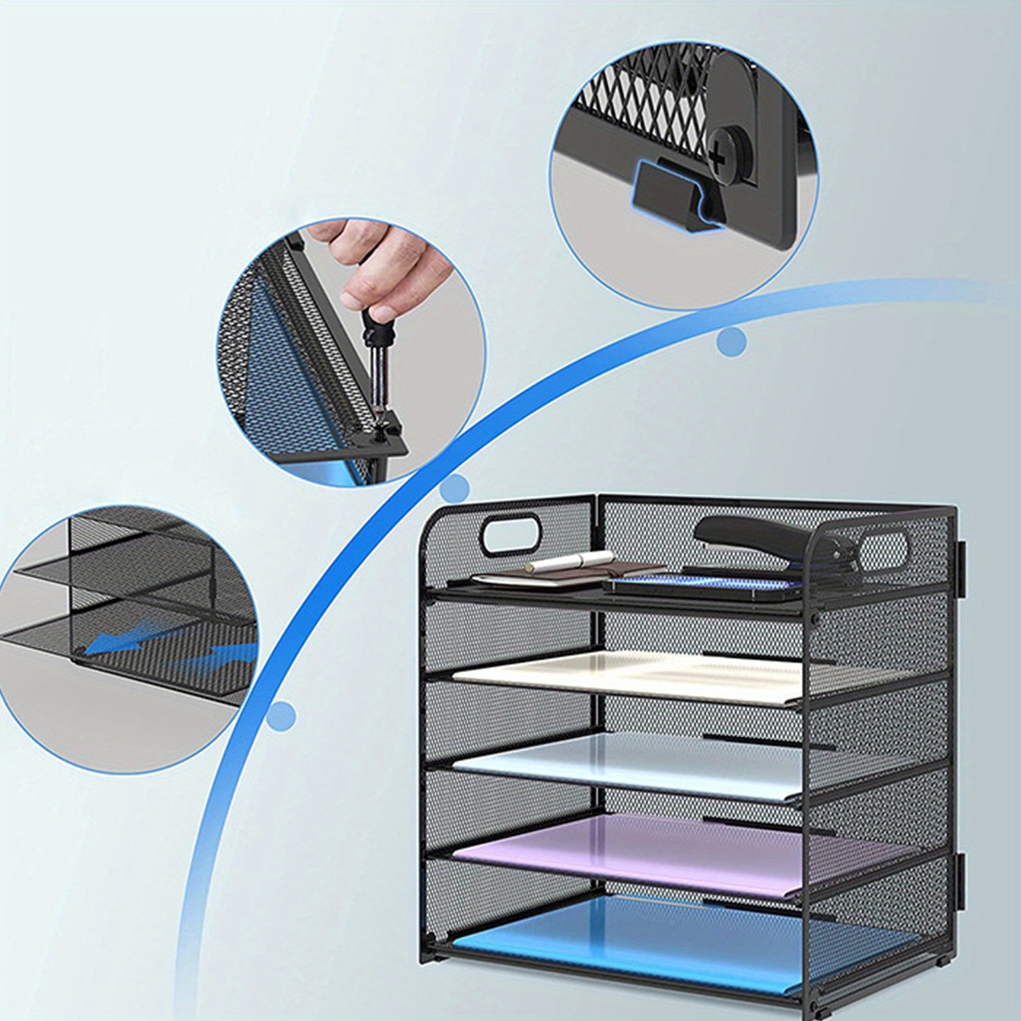 Mesh Desktop Organizer, 5-stöckige Briefablage, stapelbarer Mesh-Dateihalter, A4-Datei-Desktop-Datei-Organizer für Home Office (Schwarz)