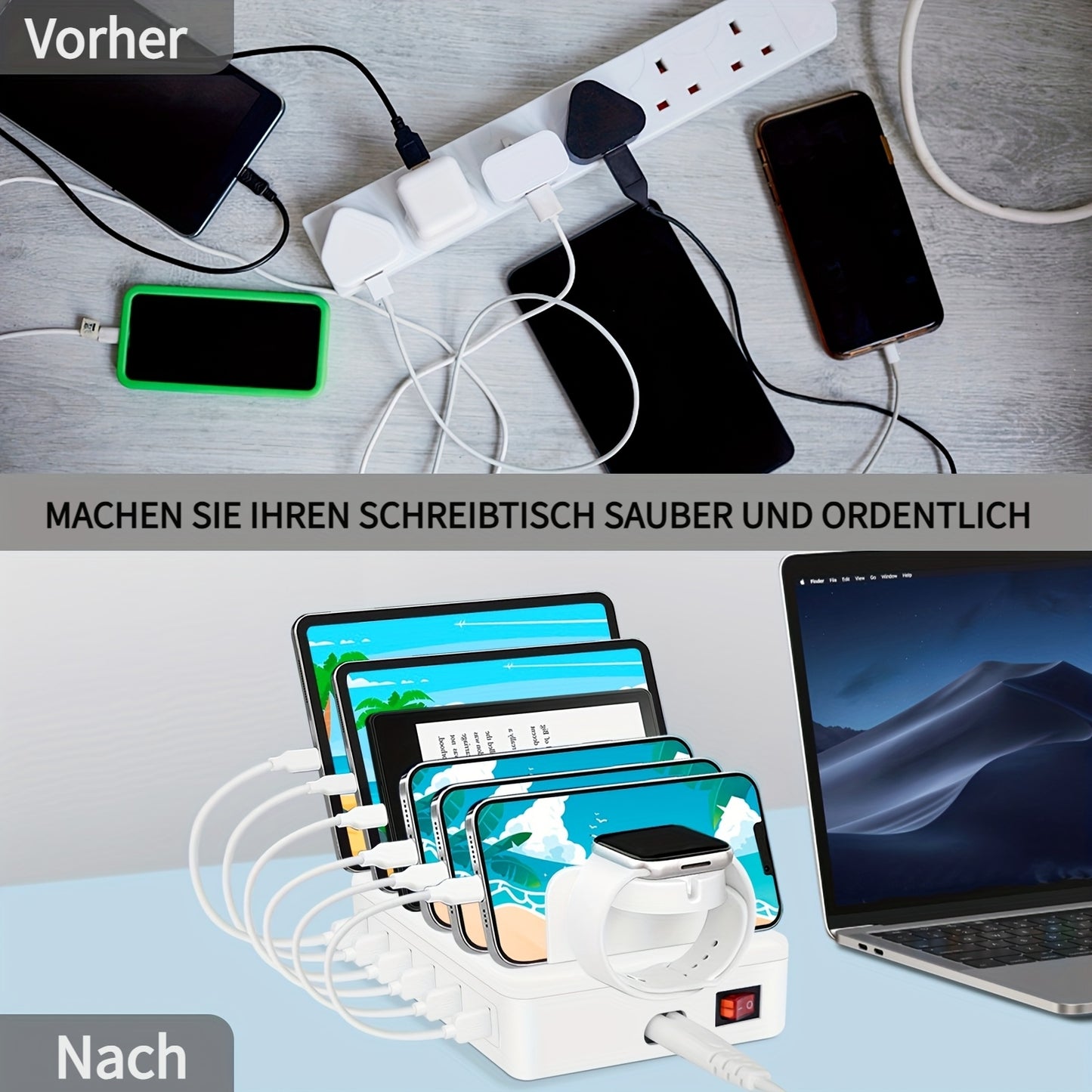Schnellladehub für verschiedene Geräte, 50W 6-Port USB-Ladestation mit 10-Slot, herausnehmbaren Trennwänden, Uhrenständer, kompatibel mit Handys, Kindles und Tablets (inklusive 6 kurzen Kabeln) in Weiß