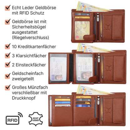 Leder Geldbörse Herren Portemonnaie RFID Hochformat Geldbeutel Echtleder Cognac
