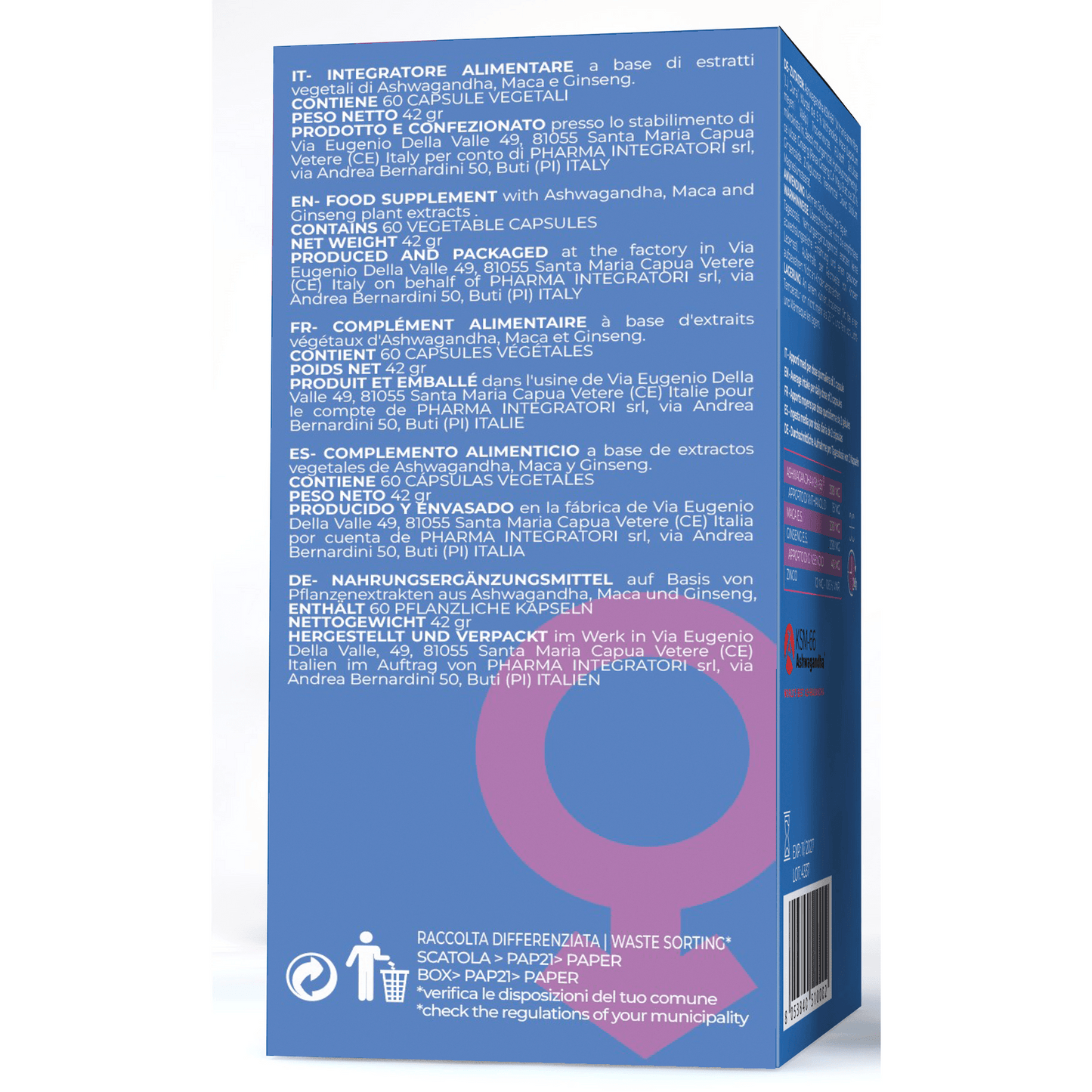 Natürlicher Integrator mit Ashwagandha KSM-66, Ginseng, Zinkgluconat, Maca