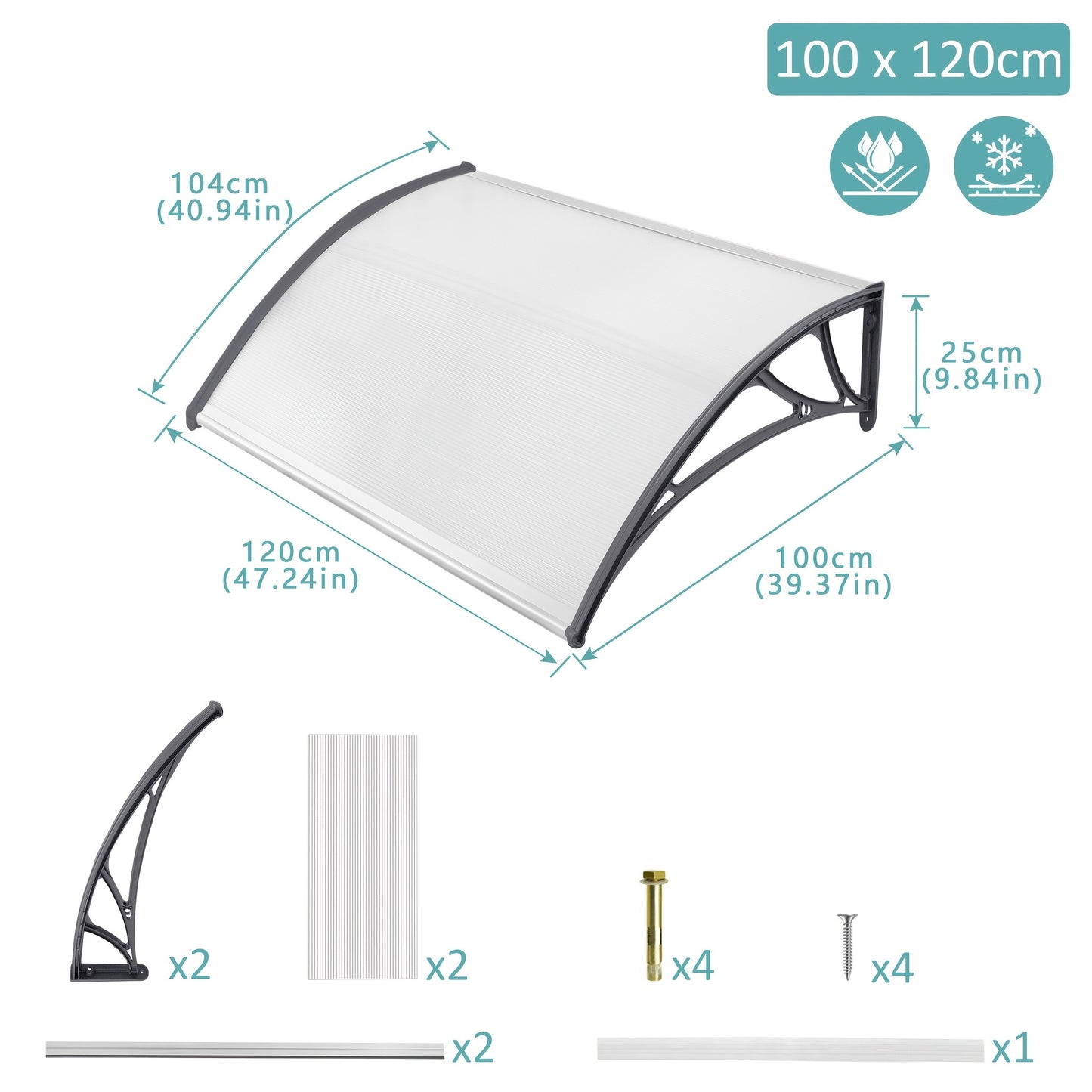 Vordach für Haustür, Baldachin Bogen Baldachin Polycarbonat, PP Halterung für Sonnenschutz Regenschutz im Freien, Grau