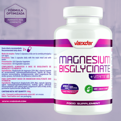 Magnesium und Vitamin B6 - Magnesium Bisglycinat - 250 mg reines Magnesium - 120 pflanzliche Kapseln - Hohe Bioverfügbarkeit - Magnesium Bisglycinat und Vitamin B6 Vaexdar Supplemente