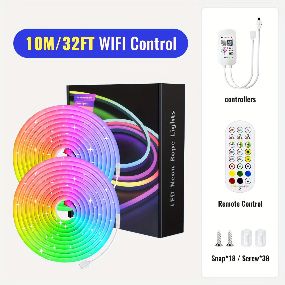 10m/5m RGB Neon LED-Streifen mit Musik-Sync, 108 LEDs/m DIY-Streifen mit Fernbedienung  App, Farbwechsel  Helligkeitsverstellung, für Schlafzimmer  Geschenk (EU-Stecker)