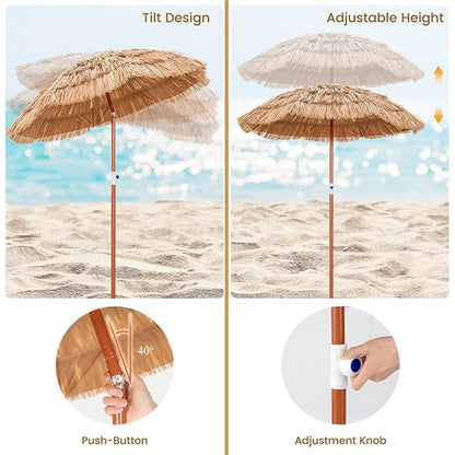 1,94 m Hawaii Sonnenschirm, Strandsonnenschirm, biegsam, Balkonsonnenschirm, höhenverstellbar, Strohsonnenschirm mit Tragetasche