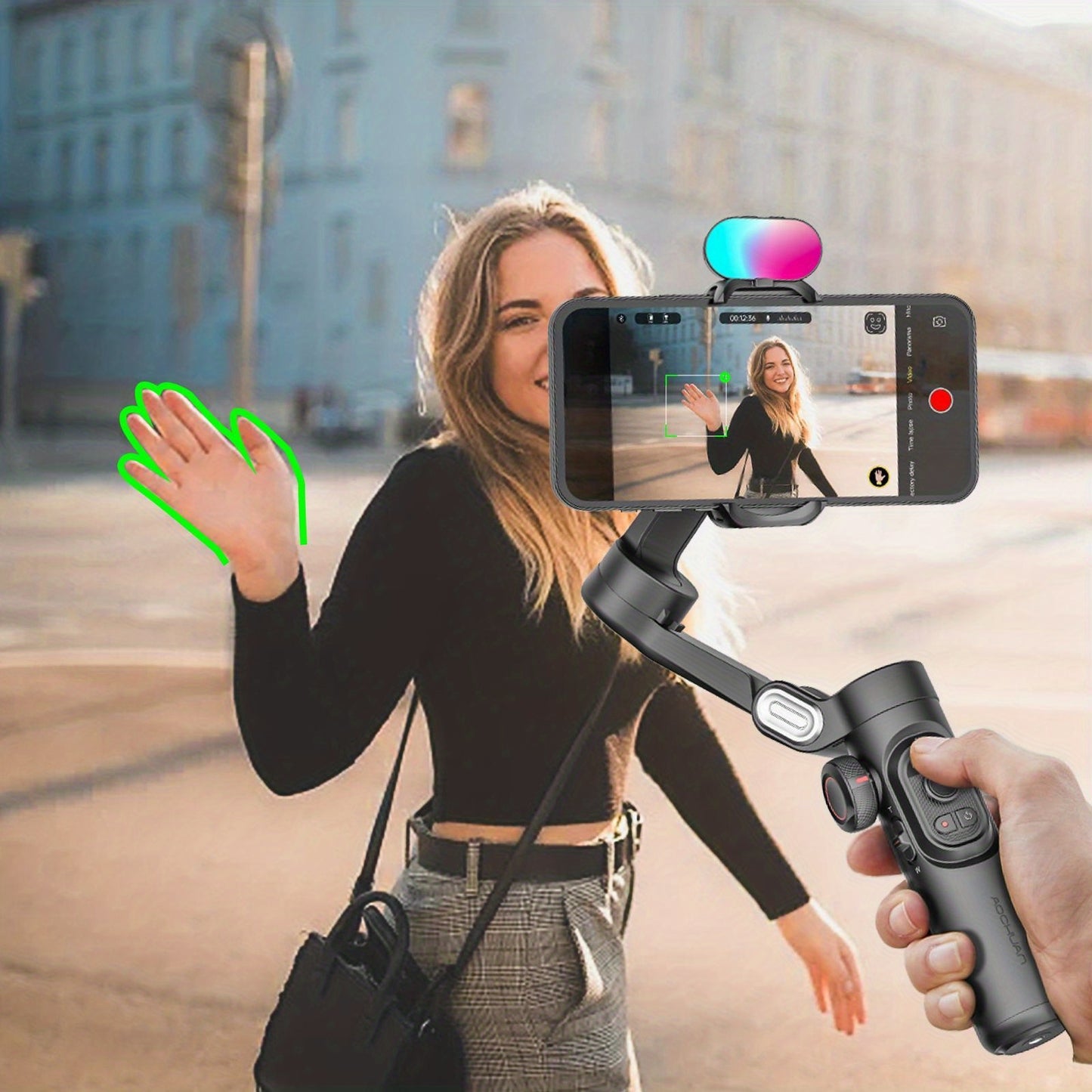 AOCHUAN 7-förmiges 3-Achsen-Stabilisator-Gimbal für Smartphone AOCHUAN APP -Shake Präzisionsfokus/Zoom Gesichts-/Objektverfolgung faltbare 73 cm ausziehbare Stange RGB-Licht mehrere Aufnahmemodi geeignet für Reisen Live-Streaming Vlog Smart XE COMBO1