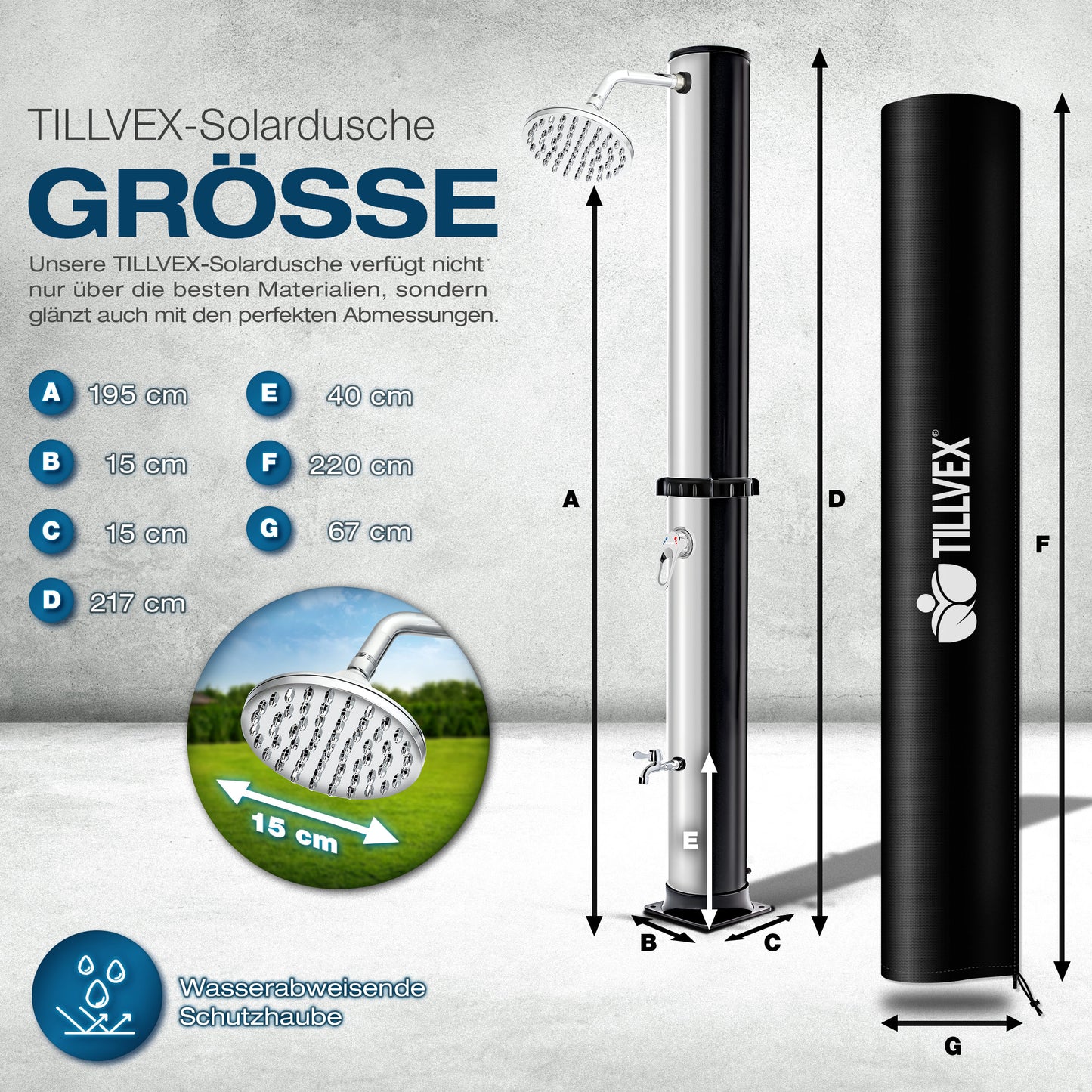 tillvex® Solardusche 20 - 60 Liter inkl. Abdeckung Solar Gartendusche Solar für draußen Pooldusche Komplettset warmes Wasser Camping ohne Stromanschluss mit Wasserhahn Gartenschlauch-Anschluss