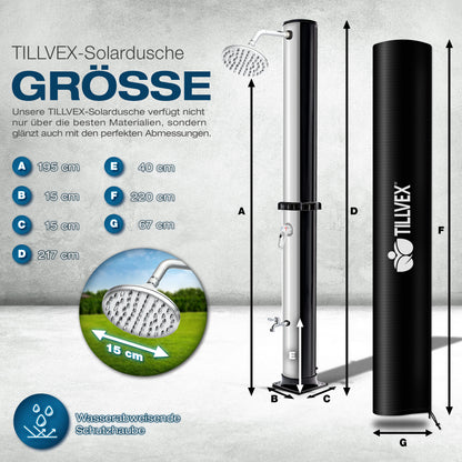 tillvex® Solardusche 20 - 60 Liter inkl. Abdeckung Solar Gartendusche Solar für draußen Pooldusche Komplettset warmes Wasser Camping ohne Stromanschluss mit Wasserhahn Gartenschlauch-Anschluss