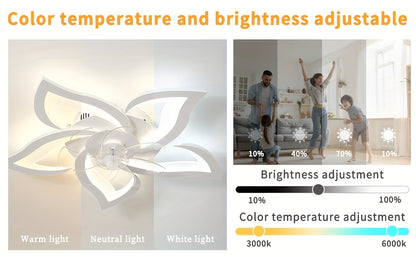 LED Leiser Deckenventilator mit Beleuchtung, Schlafzimmer Deckenleuchte mit Fernbedienung und App, Dimmbare Lampe mit Ventilator 5 Lichter Blumenform Acryl Lampenschirm Wohnzimmer Küche, 69Cm