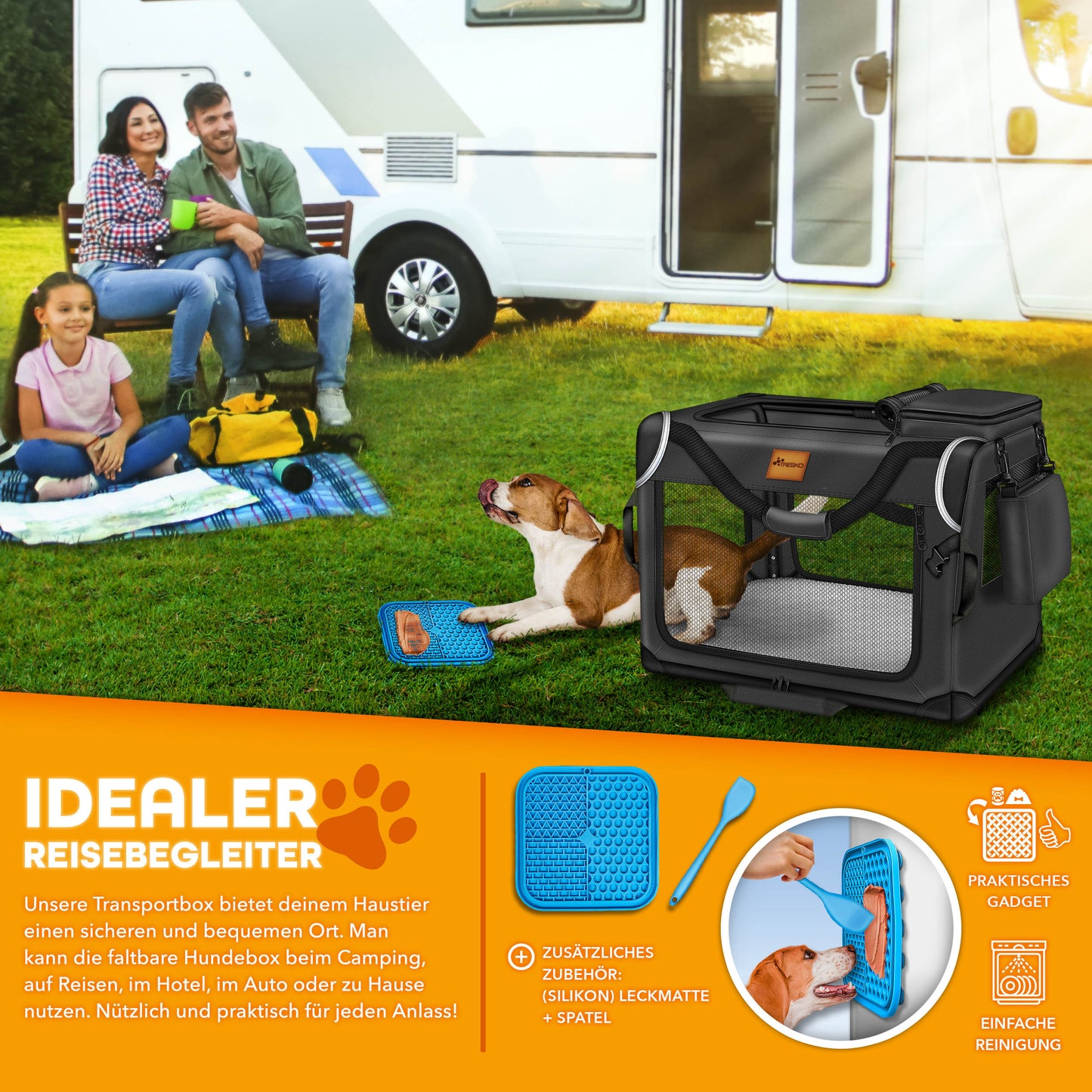 TRESKO® Hundebox faltbar inkl. Leckmatte, Spatel & Reflektoren | Transportbox für Hunde und Katzen | Hundetransportbox Auto für kleine, mittelgroße & große Hunde | Hundetasche für Zuhause Auto robust Anthrazit