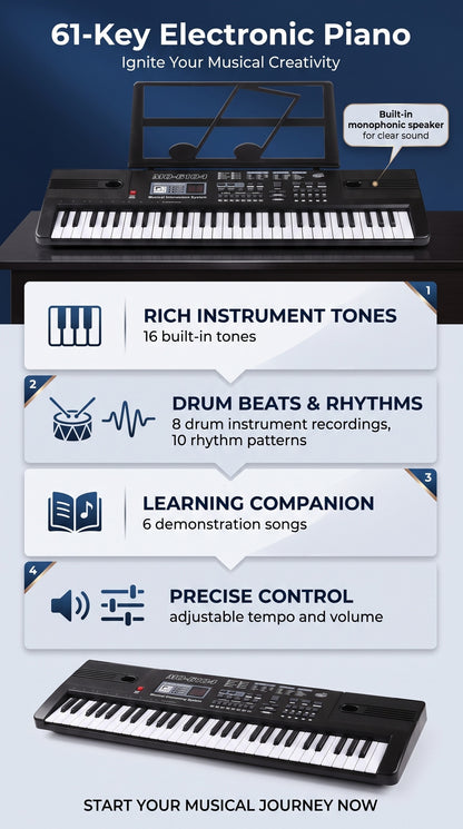 61-Klavier-Elektroklavier, eingebauter Mono-Lautsprecher, Klavier ideal für Anfänger, tragbares Elektroklavier, mit 16 Tönen, 8 Percussion-Soundeffekten, 10 Rhythmen, 6 Demonstrationen, hochwertiger Klang, ist die beste für Musikliebhaber
