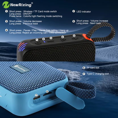 Newrixing IPX7 Tragbarer BT5.3 Kabelloser Lautsprecher, 8W tiefer Bass RGB-Lichter, 4 Std. Spielzeit, TWS Dual-Kopplung, TF-Karte, für Pool-Strand-Party, Geburtstags-Weihnachtsgeschenke