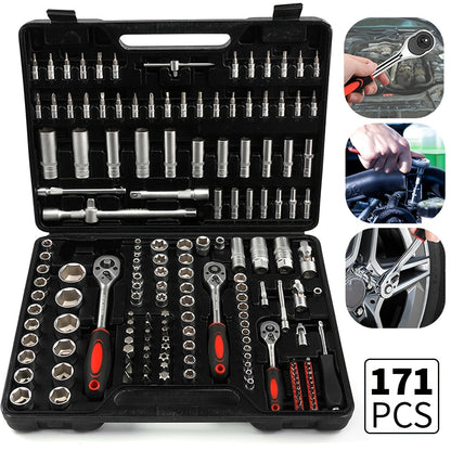 171-teiliges Standard-Steckschlüssel-Set, Ratschenschlüssel, Drehmomentschlüssel-Set, für Autoreparatur, Heimwerker-Werkzeugset, Robuste Kombinationswerkzeugkiste, Autoteile, Werkstatt-Schlüssel, Werkstattwerkzeug-Steckschlüssel-Set, Mechanikerwerkzeuge,