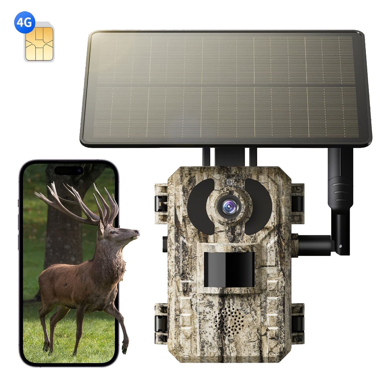 4G LTE Mobilfunk-Wildkamera mit 2K Echtzeit-Übertragung, Dritte Generation, Live-Streaming-Funktion, Solarbetriebene Gaming-Kamera, inklusive SIM-Karte, Fernzugriff über App, Videoabspielung, Aktionsauslösung in 0,2 Sekunden, Infrarot-Nachtsicht, Jagdkame